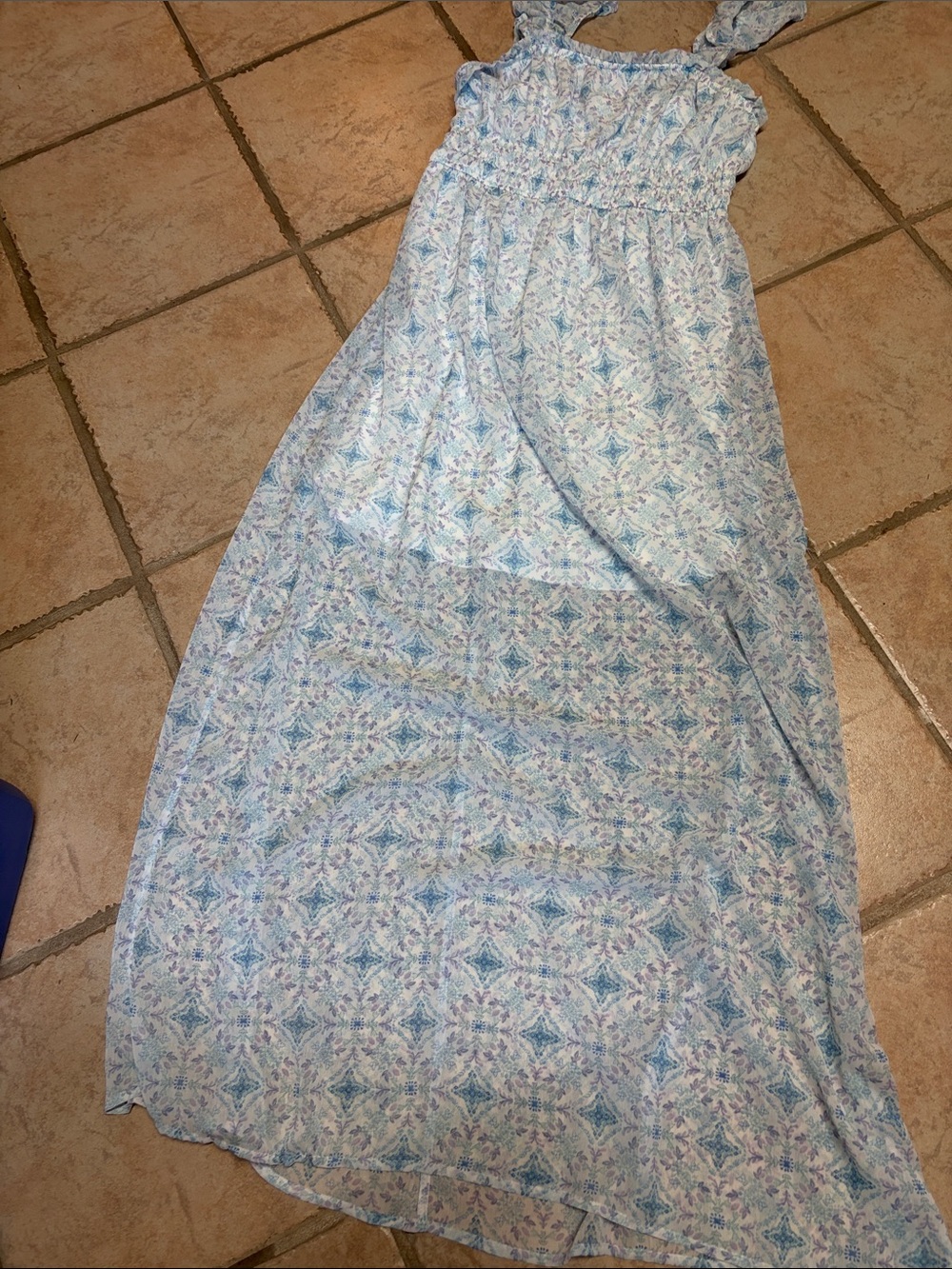 Light Blue Patterned Maxi Dress with Smocked Bodice